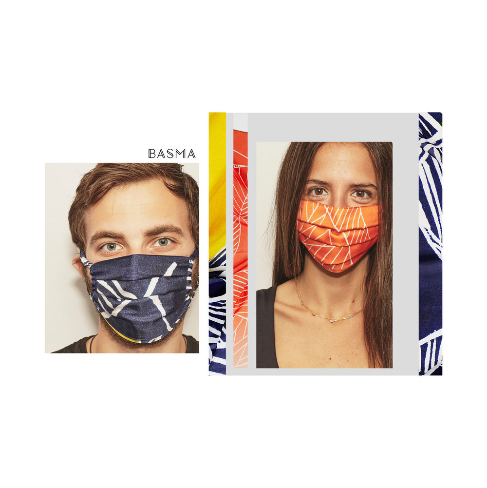 The New Edit BASMA Face Covering Home Page Hero image with both colours - Midnight Blue and Peach Ombre - Full