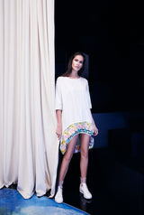 Parachute Style Dress: White with Printed Drop Hem