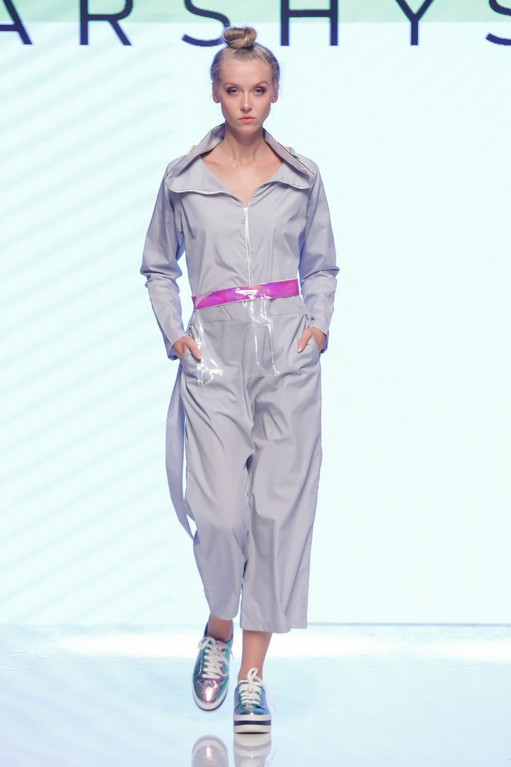 Wide Leg and Funnel Neck Jumpsuit: Light Grey