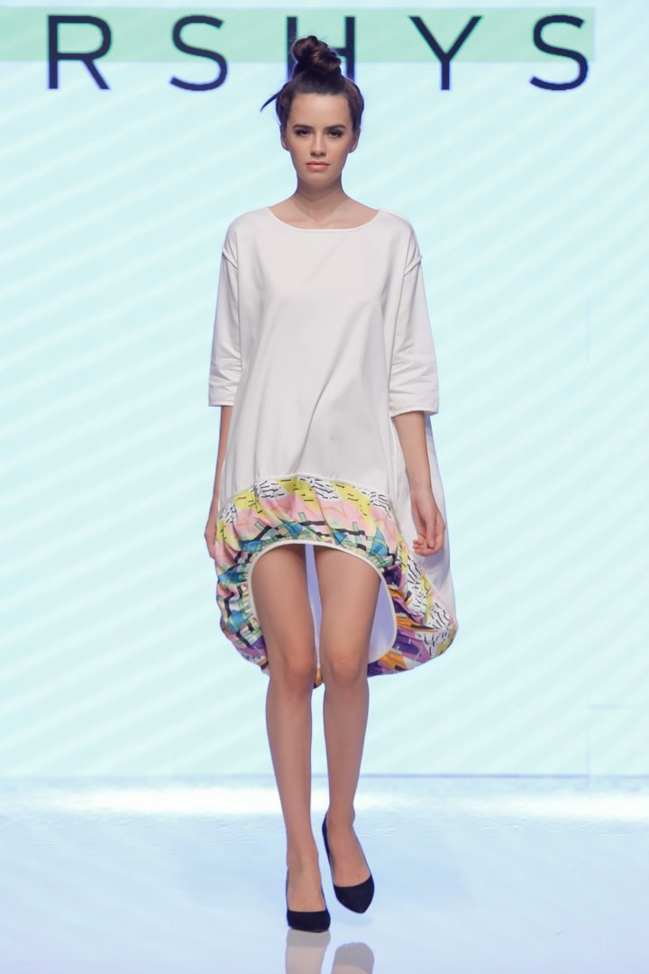 Parachute Style Dress: White with Printed Drop Hem