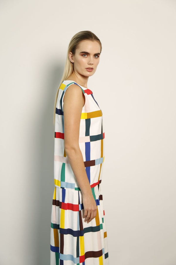 Mondrian Print Dress: White