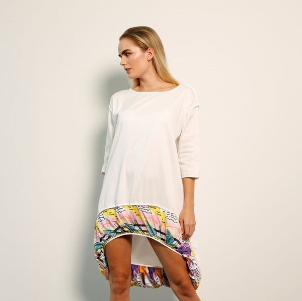 Parachute Style Dress: White with Printed Drop Hem