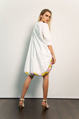 Parachute Style Dress: White with Printed Drop Hem