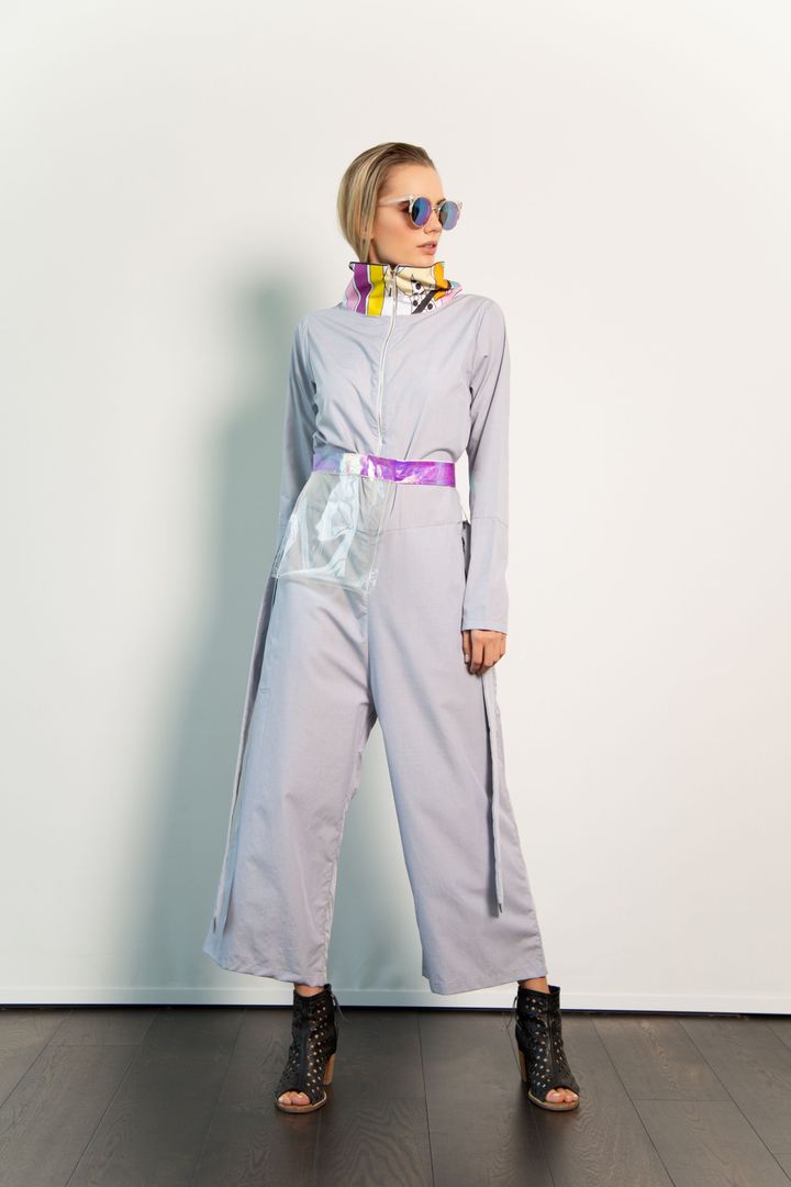 Wide Leg and Funnel Neck Jumpsuit: Light Grey