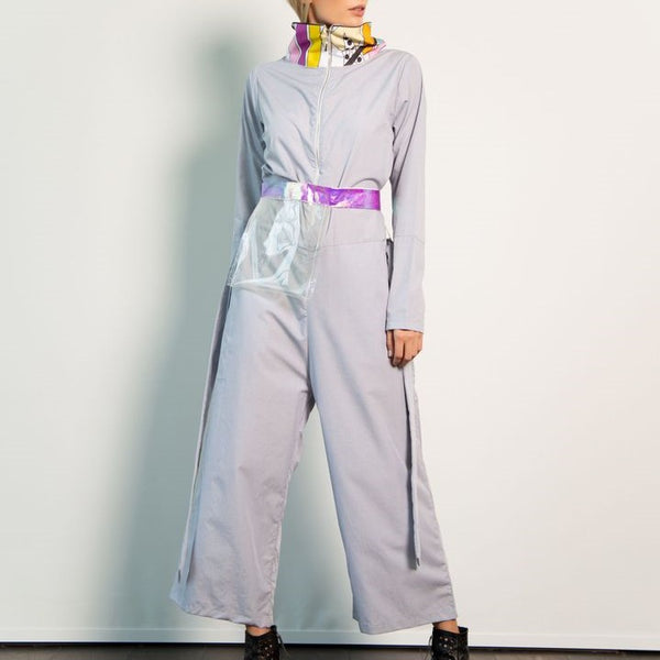 Wide Leg and Funnel Neck Jumpsuit: Light Grey