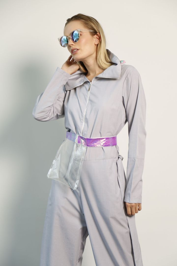 Wide Leg and Funnel Neck Jumpsuit: Light Grey