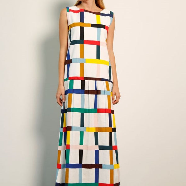 Mondrian Print Dress: White